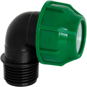 Czarny łącznik kolankowy z zieloną nakrętką do nawadniania podziemnego.