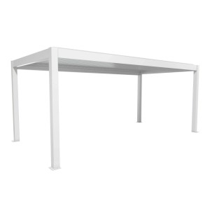 Biała pergola Biohort 6x3 m, nowoczesne zadaszenie tarasu z lamelowym dachem.