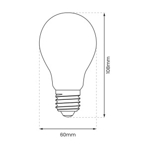 Szkic żarówki LED E27 z wymiarami (wysokość 108 mm, średnica 60 mm).