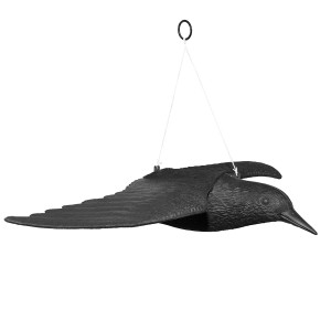 Czarny kruk jako dekoracja ogrodowa do zawieszenia, straszak na ptaki.