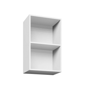 Biała szafka wisząca t.b.t. z dwiema przegrodami do przechowywania.