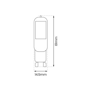 Ilustracja żarówki LED G9 z wymiarami (wysokość 61 mm, szerokość 14,5 mm)