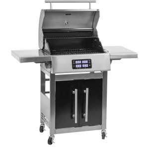 Grill elektryczny Landmann ze stali nierdzewnej z wyświetlaczem cyfrowym i szafką.