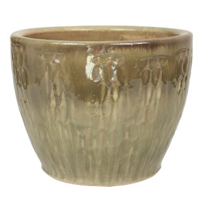 Oliwkowo zielona doniczka t.b.t. z wzorem reliefowym do użytku wewnątrz i na zewnątrz.