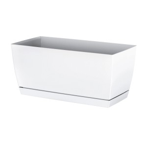 Biała skrzynka na kwiaty t.b.t. z podstawką do użytku wewnątrz i na zewnątrz.