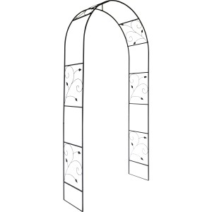 Czarny metalowy łuk różany z motywem liści, o wysokości 228 cm, do wykorzystania jako pomoc dla roślin pnących.