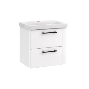 Biała szafka pod umywalkę z dwiema szufladami i czarnymi uchwytami.