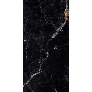 Czarna płytka podłogowa z efektem marmuru, odpowiednia do wnętrz.