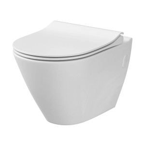 Biała miska wisząca WC (t.b.t.) z zamkniętą pokrywą.