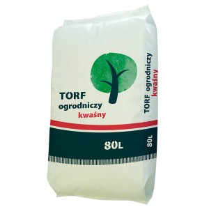 Worek 80L kwaśnego torfu ogrodniczego, odpowiedni dla roślin wrzosowiskowych.