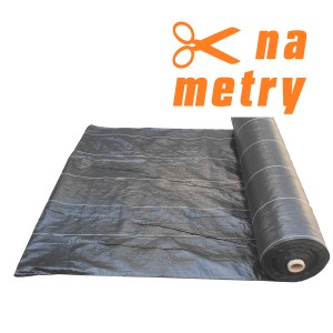 Czarna agrowłóknina/folia na rolce z białymi paskami, do cięcia.