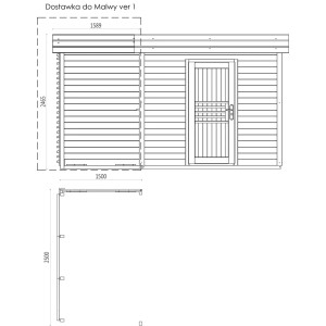 Rysunek techniczny domku drewnianego t.b.t. z wymiarami.