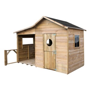 Drewniany domek do zabawy z drzwiami, oknem i małym gankiem. Kategoria: Domki.