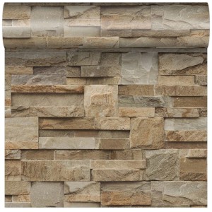 Tapeta t.b.t. z efektem kamienia, beżowo-brązowy wzór ściany.