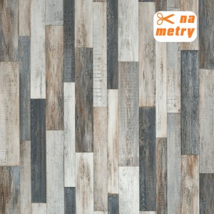 Wykładzina PCV imitująca drewno, różne odcienie szarości i brązu.