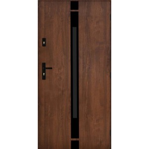 Brązowe drzwi zewnętrzne z wąską wstawką szklaną i czarną klamką.