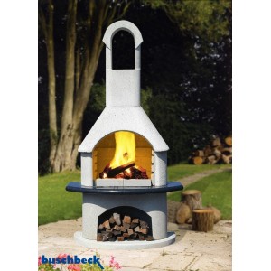 Grill ogrodowy Buschbeck Ambiente biało-granitowy z paleniskiem i miejscem na drewno.