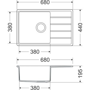 Rysunek techniczny zlewozmywaka granitowego t.b.t. z wymiarami.