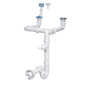 Biały syfon do zlewu, system rur z niebieskimi akcentami.
