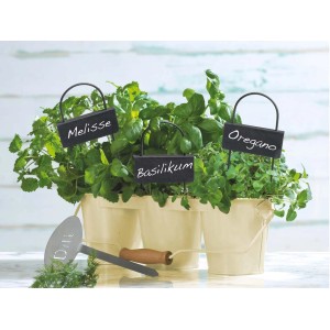 Etykiety do roślin OBI z łupka, zestaw 3 szt., oznaczone melisą, bazylią i oregano w doniczkach z ziołami.