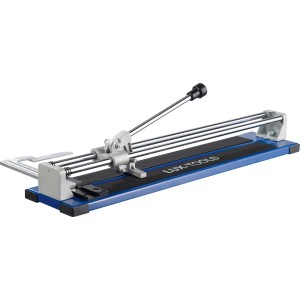 Przecinarka do płytek LUX Classic 600 mm ze stali z niebieską podstawą i srebrnymi szynami prowadzącymi.
