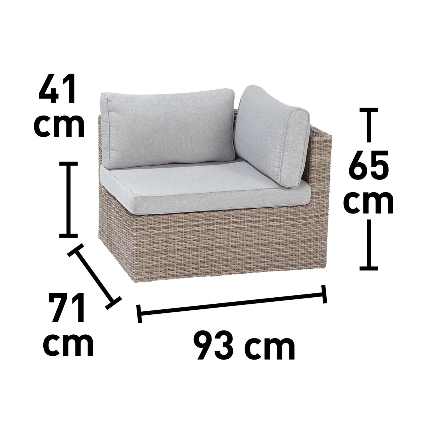 Wymiary narożnika mebli ogrodowych t.b.t.: 93x71x65 cm. Wysokość siedziska 41 cm.