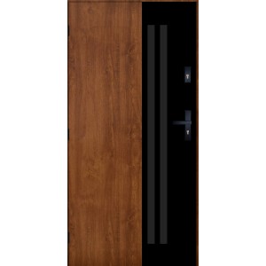 Nowoczesne drzwi zewnętrzne z drewnianym dekorem i czarnym akcentem