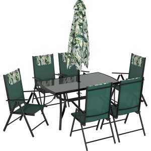 8-częściowy zestaw mebli ogrodowych Travessa w kolorze zielonym ze stołem, krzesłami i parasolem.