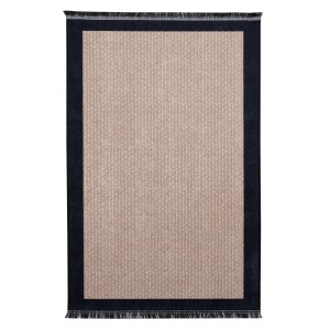 Dywan z krótkim włosiem t.b.t. z niebieskim obramowaniem i frędzlami.