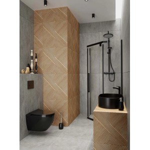 Nowoczesna łazienka z szarymi płytkami podłogowymi i ścianą akcentującą z drewnianym dekorem. Czarna ceramika sanitarna.