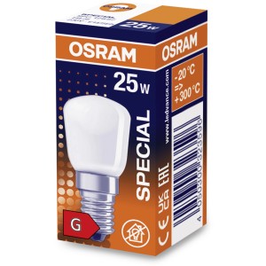 Żarówka Osram E14 25W w opakowaniu. Specjalna żarówka z ciepłym białym światłem.
