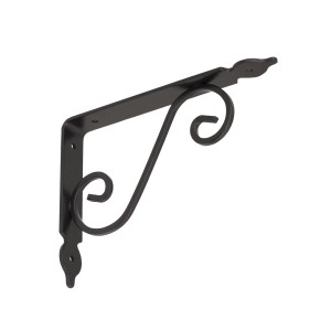 Czarny, dekoracyjny wspornik kątowy z zakrzywionymi zdobieniami.