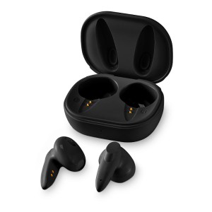 Czarne słuchawki t.b.t. z etui ładującym.