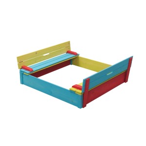 Kolorowa piaskownica SwingKing Sepp 120x120 cm z składaną pokrywą jako ławka.