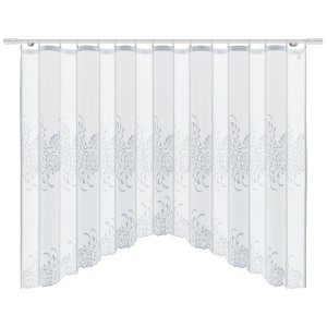 Biała firana z kwiatowym wzorem do dekoracji okna.