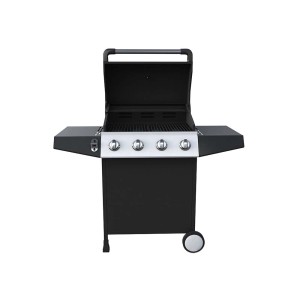 Czarny grill gazowy z czterema palnikami i półkami bocznymi.
