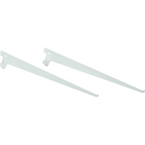 Dwa białe metalowe wsporniki kątowe, 40 cm, do montażu półek.