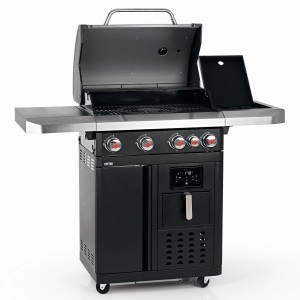 Czarny grill gazowy t.b.t. z półkami i panelem sterowania.