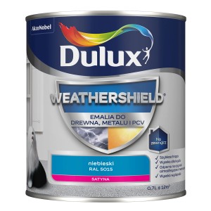 Farba Dulux Weathershield, niebieska, do drewna, metalu i PCV. Emalia odporna na warunki atmosferyczne.