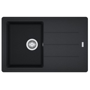 Czarny zlewozmywak granitowy t.b.t. z ociekaczem i okrągłym koszyczkiem ze stali nierdzewnej.