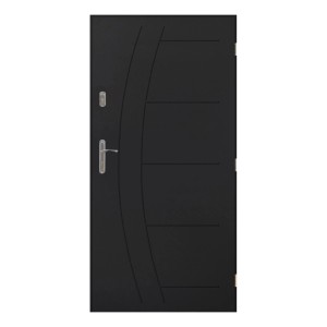 Czarne drzwi zewnętrzne z srebrną klamką i nowoczesnym designem.