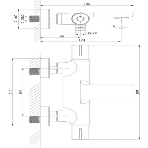 Rysunek techniczny baterii wannowej t.b.t. z wymiarami.