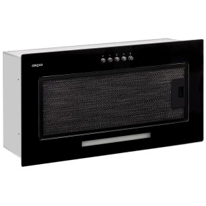 Czarny, płaski okap t.b.t. z przyciskami sterującymi i filtrem.