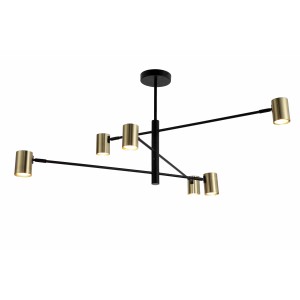 Nowoczesna lampa wisząca z sześcioma złotymi kloszami na czarnych ramionach.
