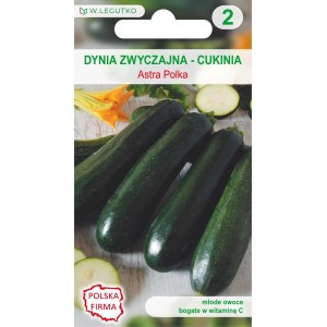 Opakowanie nasion cukinii 'Astra Polka'. Ciemnozielone cukinie na jasnym tle.