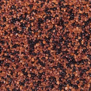 Zbliżenie tynku t.b.t. z brązowymi i czarnymi kamykami.