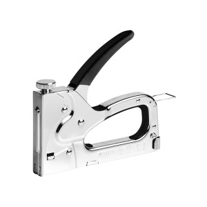 Zszywacz ręczny t.b.t., srebrny z czarną rączką.