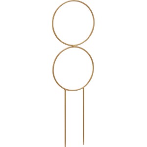 Złoty metalowy palik do roślin z dwoma okręgami jako dekoracja.
