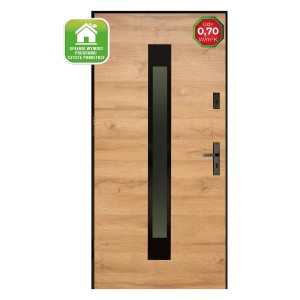 Drzwi zewnętrzne z efektem drewna i wąską wstawką szklaną.