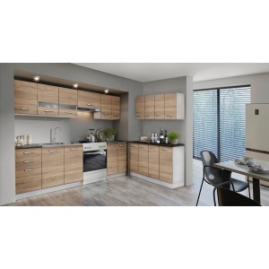 Nowoczesny zestaw mebli kuchennych w kolorze drewna z szafkami górnymi i dolnymi, czarny blat.